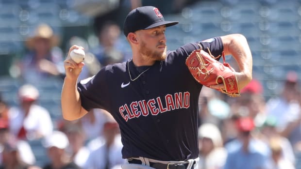 Sep 10, 2023; Anaheim, California, USA; Cleveland Guardians starting pitcher Tanner Bibee (61) throws to a Los Angeles Angels batter during the first inning of a game at Angel Stadium.